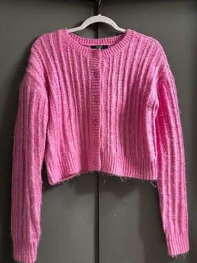 Pink Cropped Button Cardigan Sweater